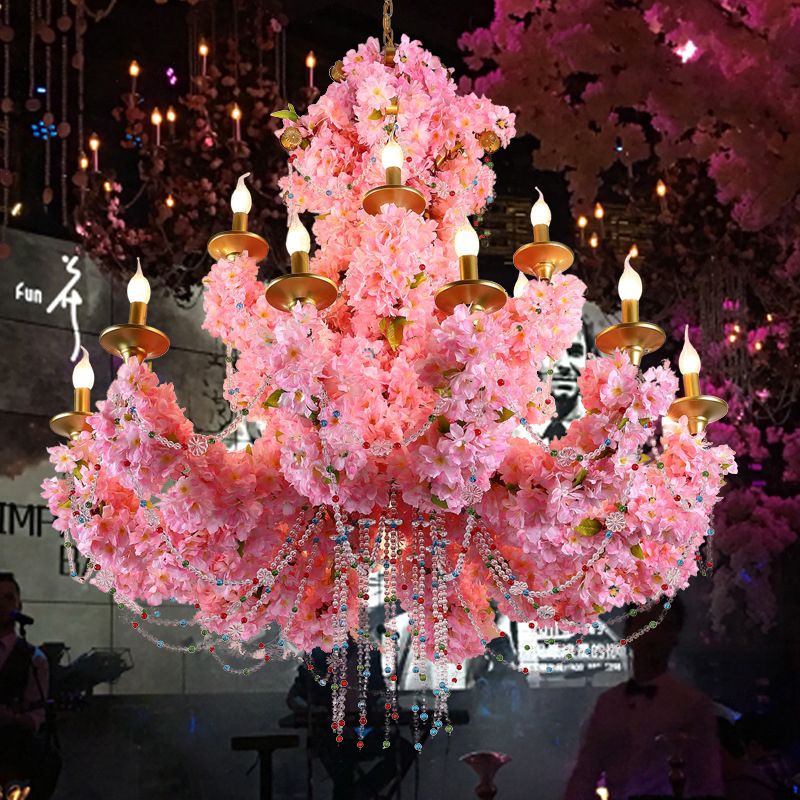 Pink 12 Heads Chandelier Lamp Industrial Metal Candelabra Flower Hanging Light Fixture for Restaurant