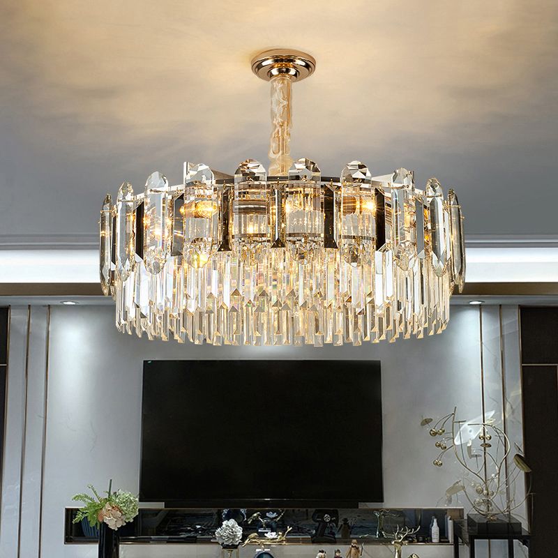 Drum Shaped Pendant Chandelier Contemporary Clear Crystal Hanging Light Fixture for Living Room