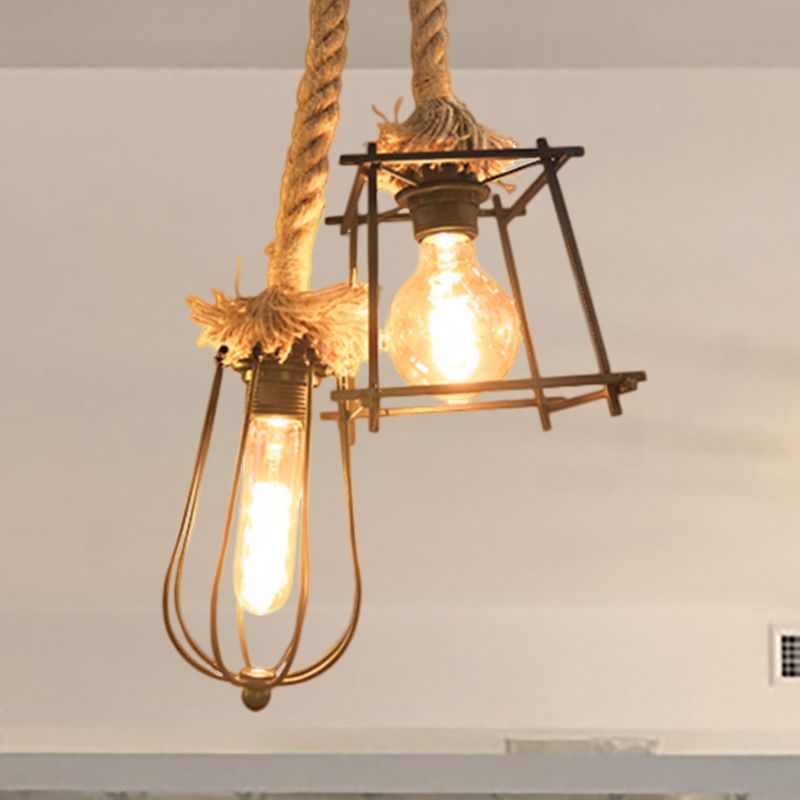 Black Caged Ceiling Fixture Lodge Style 2 Lights Metal and Rope Hanging Lighting with Different Shade for Hallway