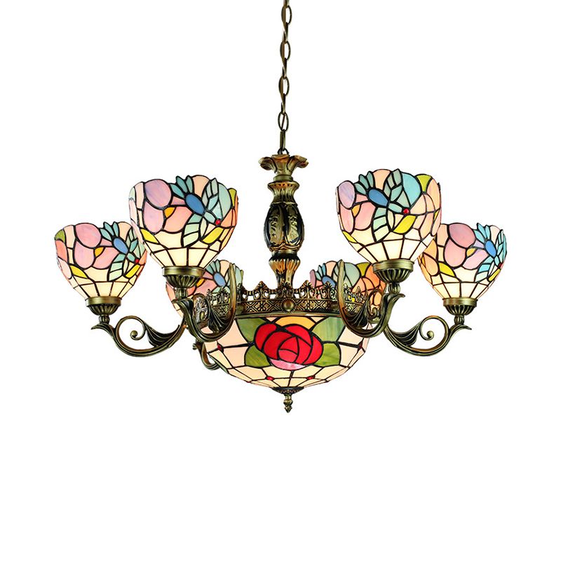 9 Lights Rose Chandelier Lighting Tiffany Style Red and Blue Stained Glass Pendant Lamp for Bedroom