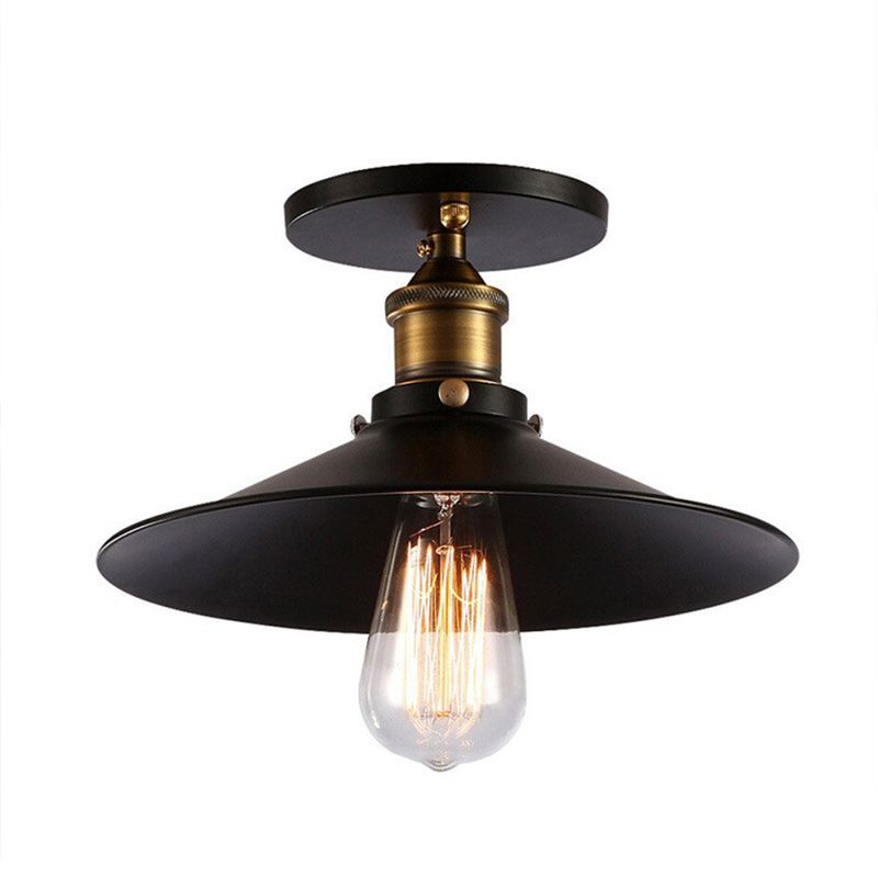 Black 1-Light Cone Shade Semi Flush Mount Lighting Vintage Style Metal Ceiling Light for Hallway