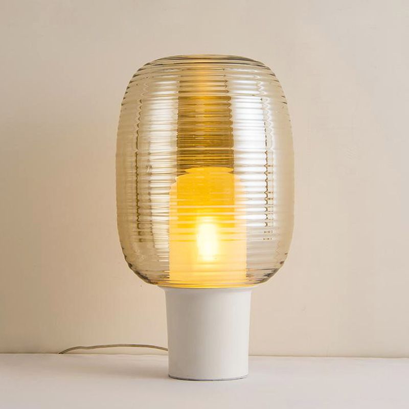 Contemporary 1 Bulb Desk Light White Oblong Night Table Lamp with Amber Glass Shade