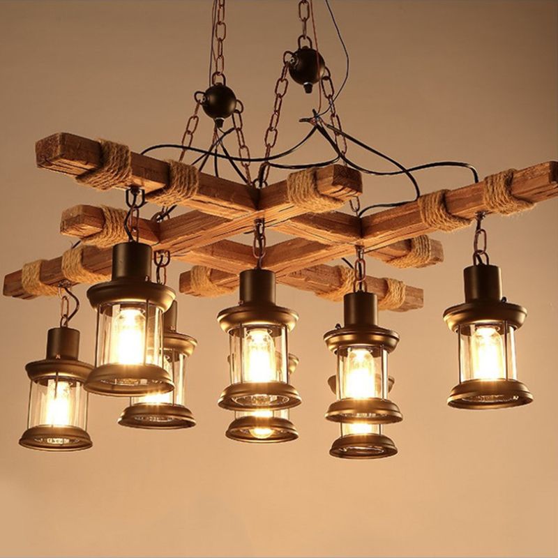 8 Light Chandelier Pendant Light Lodge Wood and Iron Rope Pendant Hanging Lights in Black for Restaurant