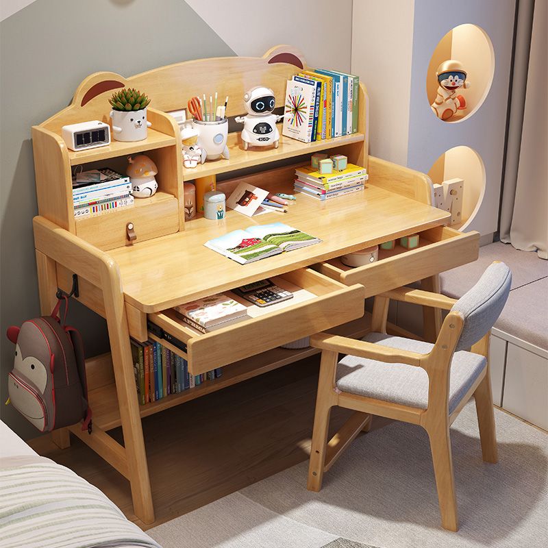 Adjustable Kids Desks and Chair Set with Hutch 2 Drawers Solid Wood Child Writing Desks