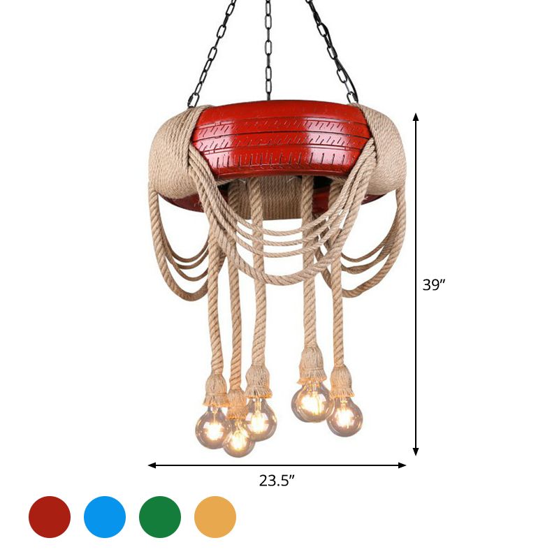 Red/Blue/Yellow Tire Hanging Lamp Kit Warehouse Rubber 6-Head Dining Room Chandelier Pendant with Dangling Hemp Rope