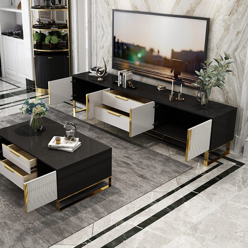 Glam Glass TV Stand Console Enclosed Storage TV Media Stand for Living Room