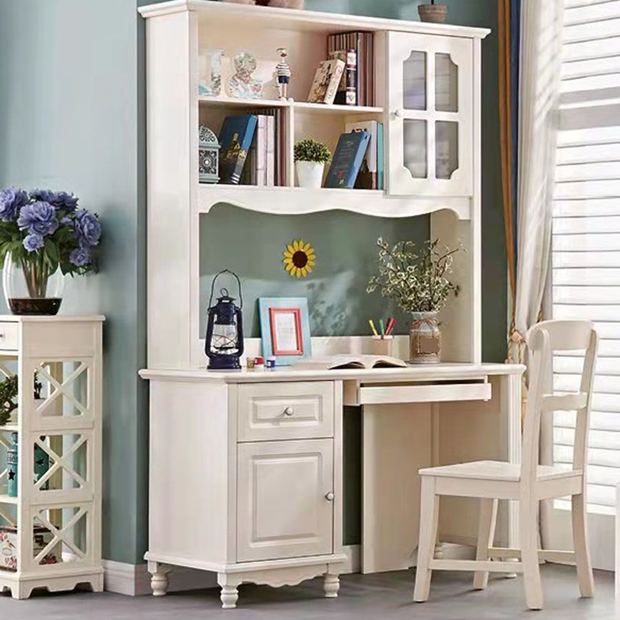 Contemporary White Solid Wood Writing Desk with Kids Hutch and Bookshelf