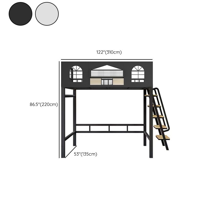 Contemporary Iron Frame Loft Bed with Guardrails and Staircase/Built-In Ladder