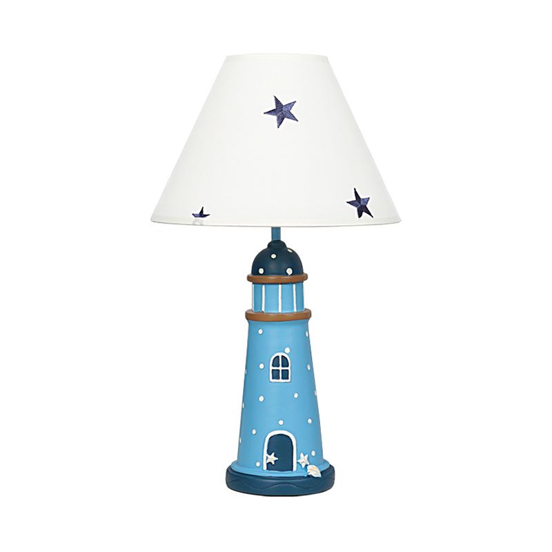 Resin Lighthouse Night Lighting Mediterranean 1 Head Blue Table Lamp with Tapered Fabric Shade