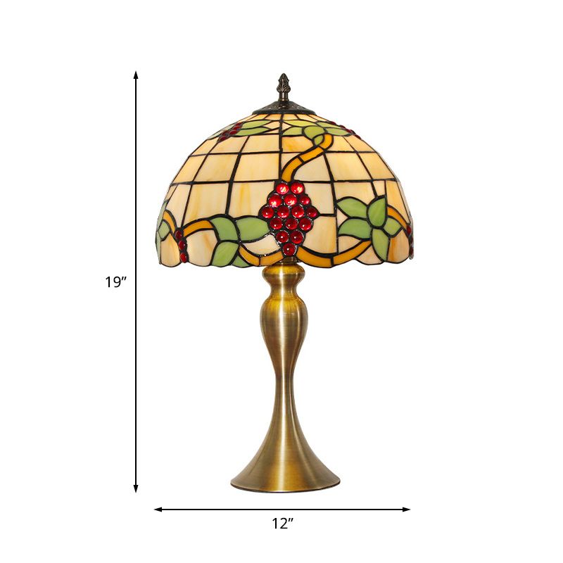 Gold Dome Shape Night Table Lamp Victorian 1 Light Stained Art Glass Grape Patterned Desk Lighting