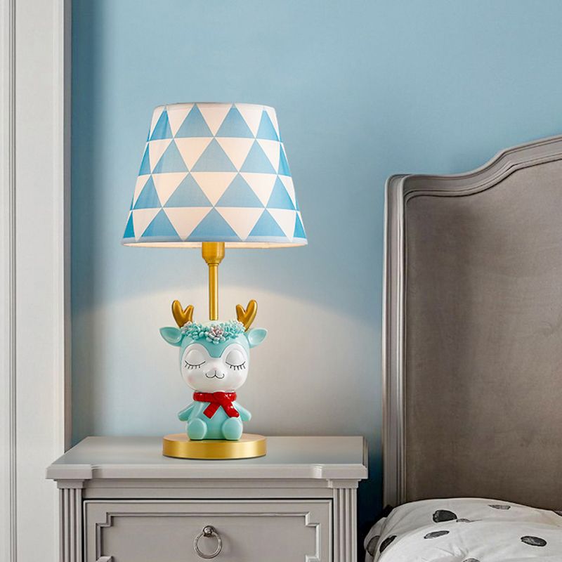 Fabric Tapered Drum Table Lighting Kids 1-Light Bedside Nightstand Lamp with Resin Deer