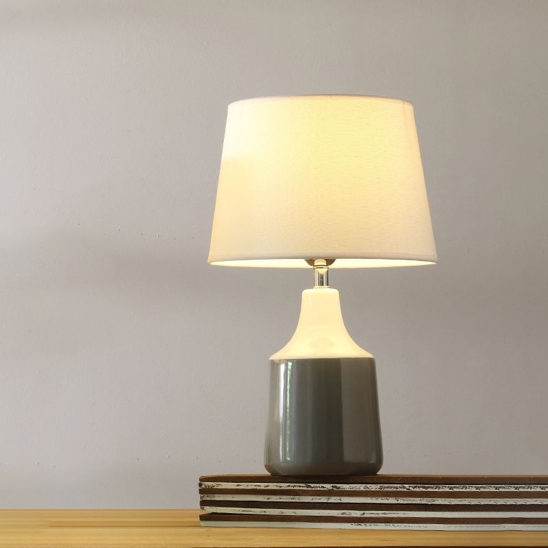 Modern Tapered Drum Table Light Ceramic 1-Light Bedside Night Lighting in Brown/White and Gray with Fabric Shade