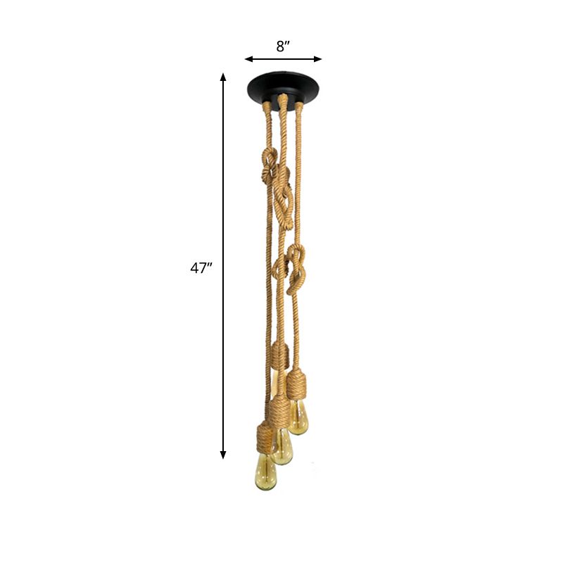 Bulbe industriel Cluster Pendant Light 4 Heads Corde suspendue plafonnier plafonnier en beige avec design de nœuds