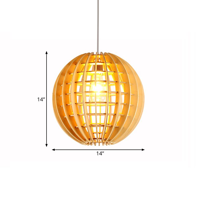 Wooden Globe Pendant Light Asian Style 1-Light Suspension Lamp in Natural Wood for Dining Room