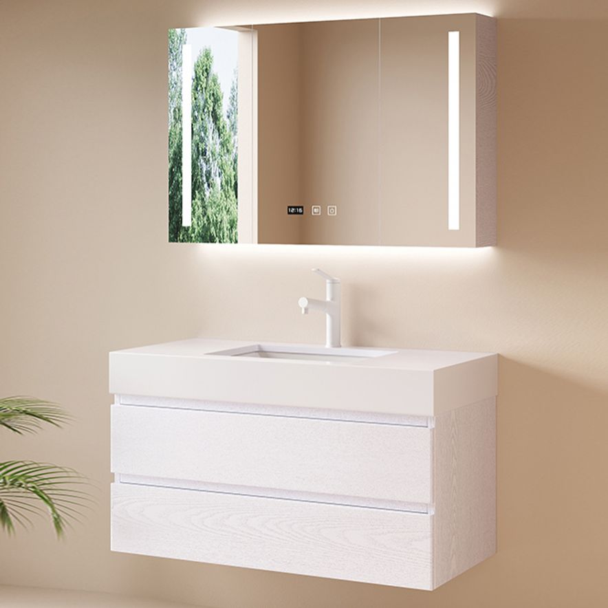 White Bath Vanity Wall Mount Single Sink Rectangular 2 Drawers Wood Frame Vanity