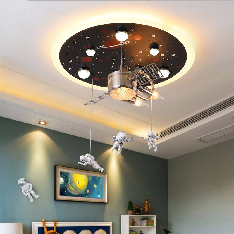 Satellite Metal Flush Ceiling Light Childrens 3-Bulb Flushmount Lighting with Astronaut Deco