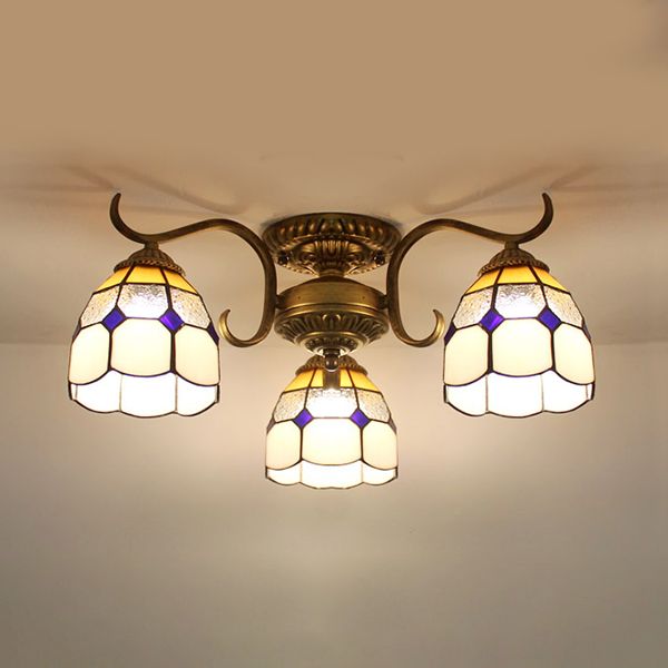 3 Lights Bowl Semi Flushmount Stained Glass Vintage Ceiling Light in Beige/Yellow/Purple/Clear/Blue-Pink/Blue-White/Green-White for Bedroom