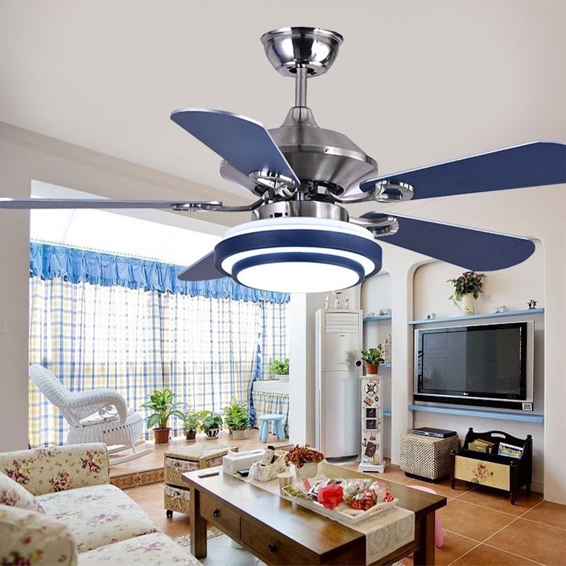 Minimalism Circle Hanging Fan Lamp Metal LED Dining Room 5 Blades Semi Flush in Blue with Remote Control, 42" Width