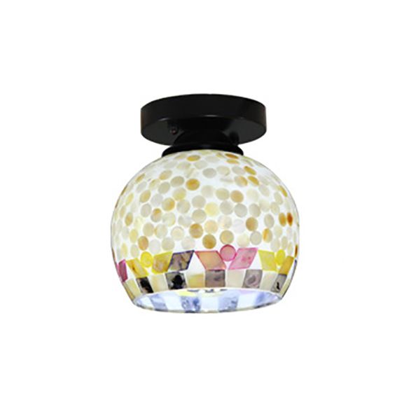 Beige Ceiling Light Fixture with Geometric/Circle/Square Pattern Tiffany Mosaic Glass 1 Bulb Flush Mount Ceiling Light