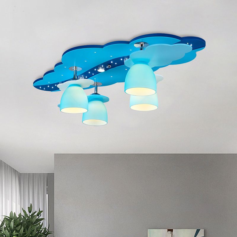 Wooden Cloud Semi Flush Mount Cartoon 4 Bulbs Ceiling Light with Dome Blue Glass Shade