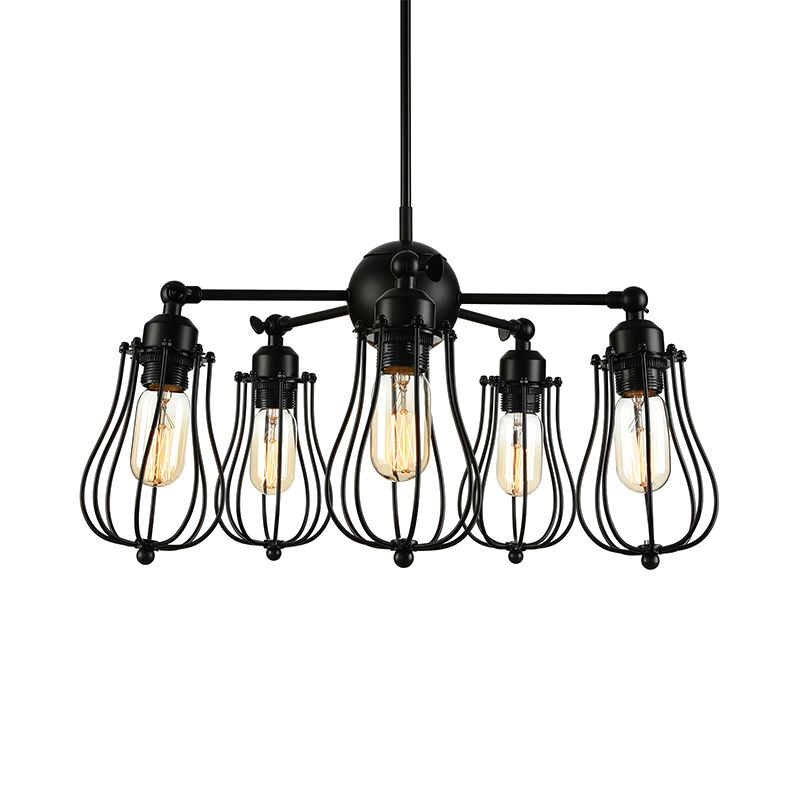 18 "/25.5" W 5 Lumières Lumière de lustre Clauche de la ferme Cage de plafond en fer luminaire avec une teinte de bulbe en noir