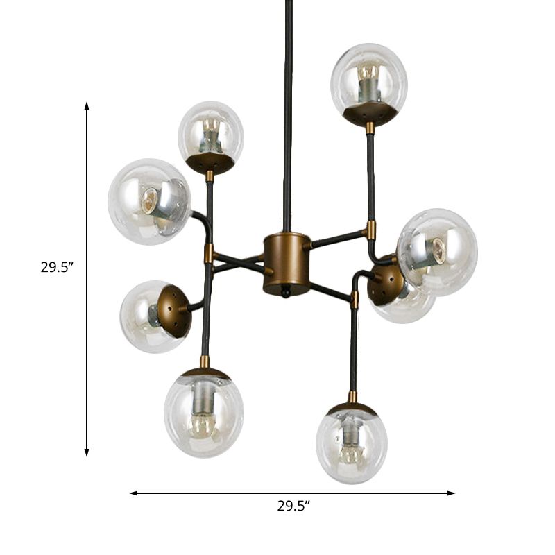 Black/Chrome/Clear Glass Globe Hanging Chandelier Industrial 8/9-Light Living Room Pendant Light