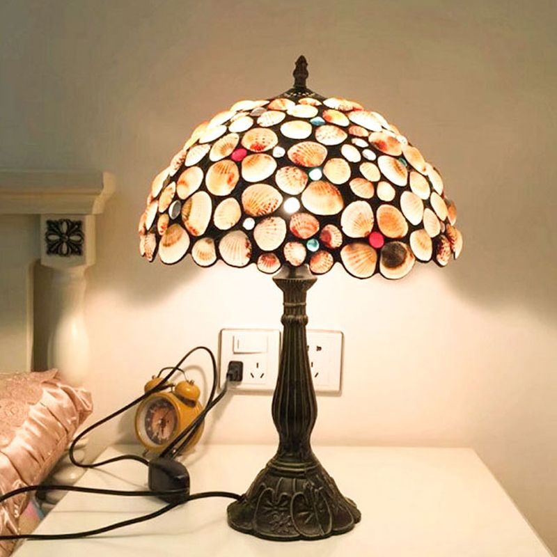 8"/12" Wide 1 Light Bowl Shaped Table Lighting Tiffany Style Bronze Shell Nightstand Lamp for Bedroom