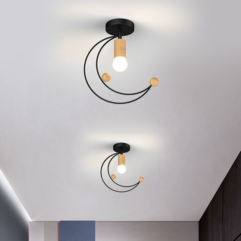 Metallic Crescent Ceiling Light Modernism 1 Bulb Semi Flush Mount Lighting with Wooden Ball Deco in Black/White/Grey