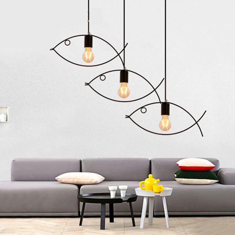 Accesorio de iluminación de techo de metal estilo loft estilo de pescado negro en forma de pescado colgante de suspensión