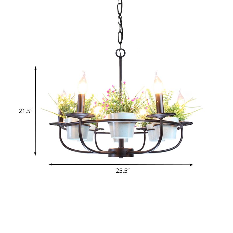 Candelabra Living Room Chandelier Industrial Iron 6/8 Heads Black Pendant Light with Potted Plant Decor