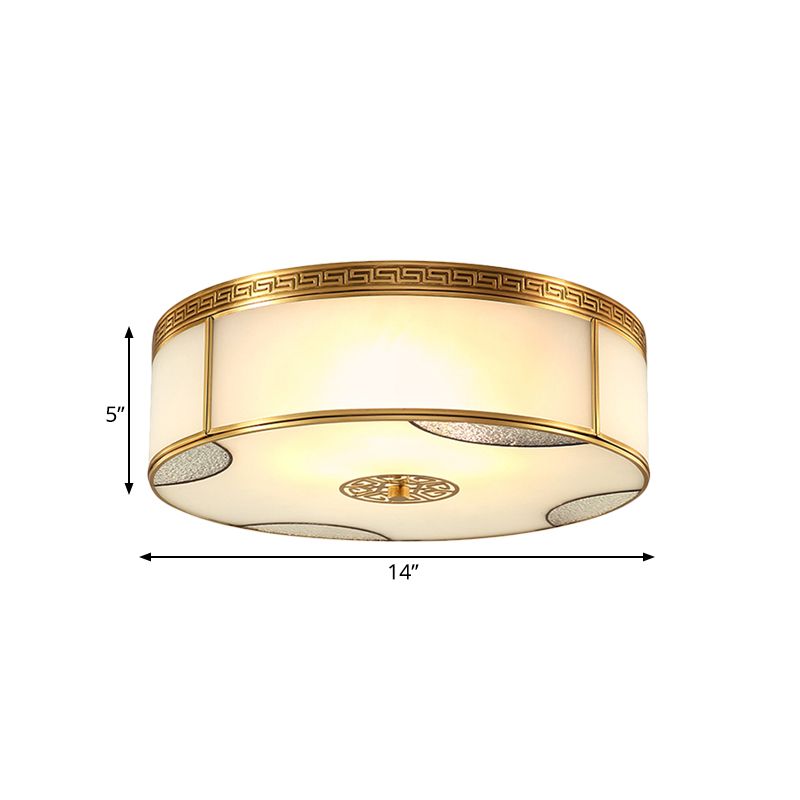 14"/18" Wide 3/4-Light Flush Mount Fixture Traditional Drum Frosted Glass Flush Ceiling Lighting in Brass