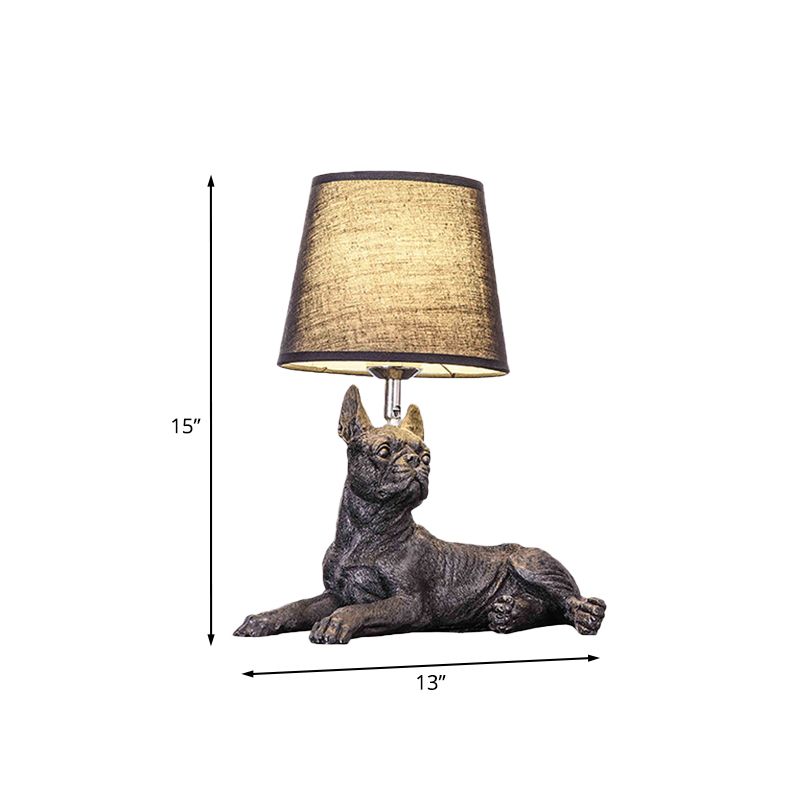 Sitting/Standing Dog Night Table Light Creative Resin 1 Head Black Table Lighting with Barrel Fabric Shade for Bedroom