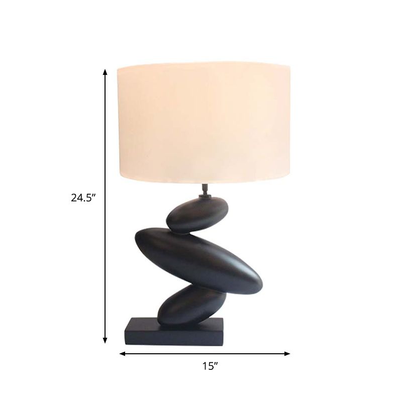 Single Straight Sided Shade Night Lamp Countryside White Fabric Table Lamp with Black Resin Cobble Base