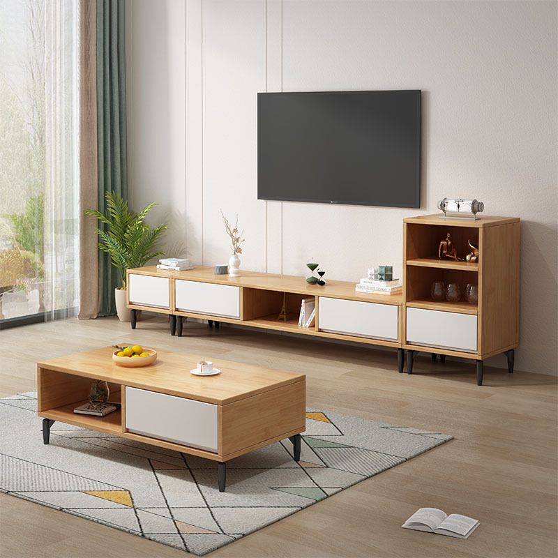 Modern Rubber Wood TV Stand Console Open Storage TV Media Stand with Legs for Living Room