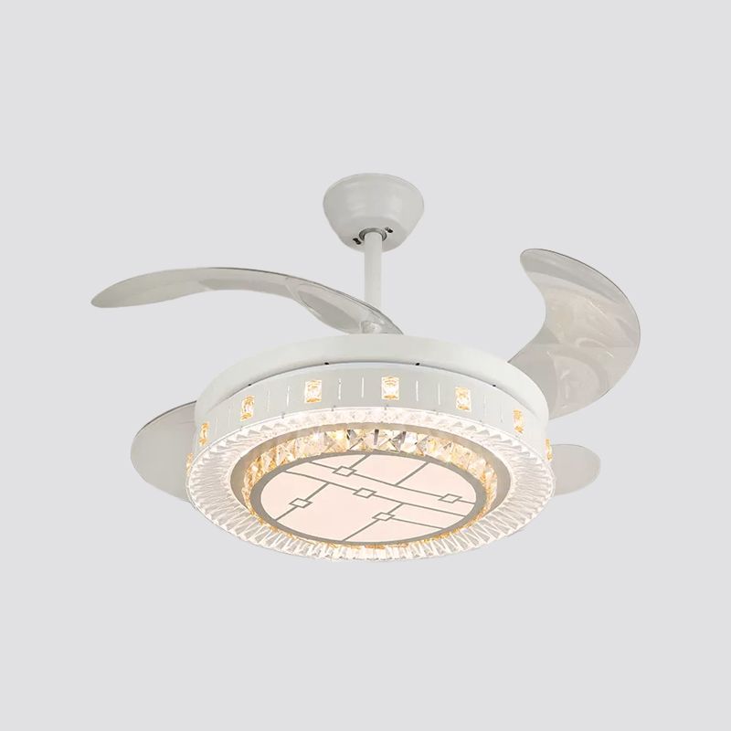 19" Wide White Layered Ceiling Fan Light Modernist LED Crystal Semi Flush Mount, 4 Blades