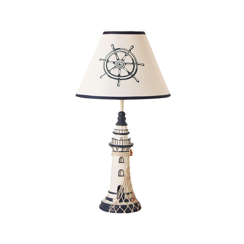 White Tapered Nightstand Lamp Kids 1 Light Fabric Table Lighting with Rudder/Lighthouse Base