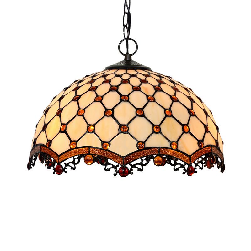 Scalloped Pendant Ceiling Light Tiffany Stained Glass 1 Light White Jewelry Suspension Lamp for Dining Room