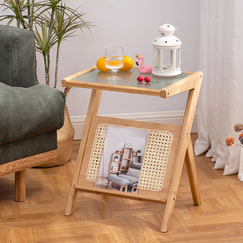 Contemporary Bamboo and Glass Bed Nightstand in Natural Oak/Walnut