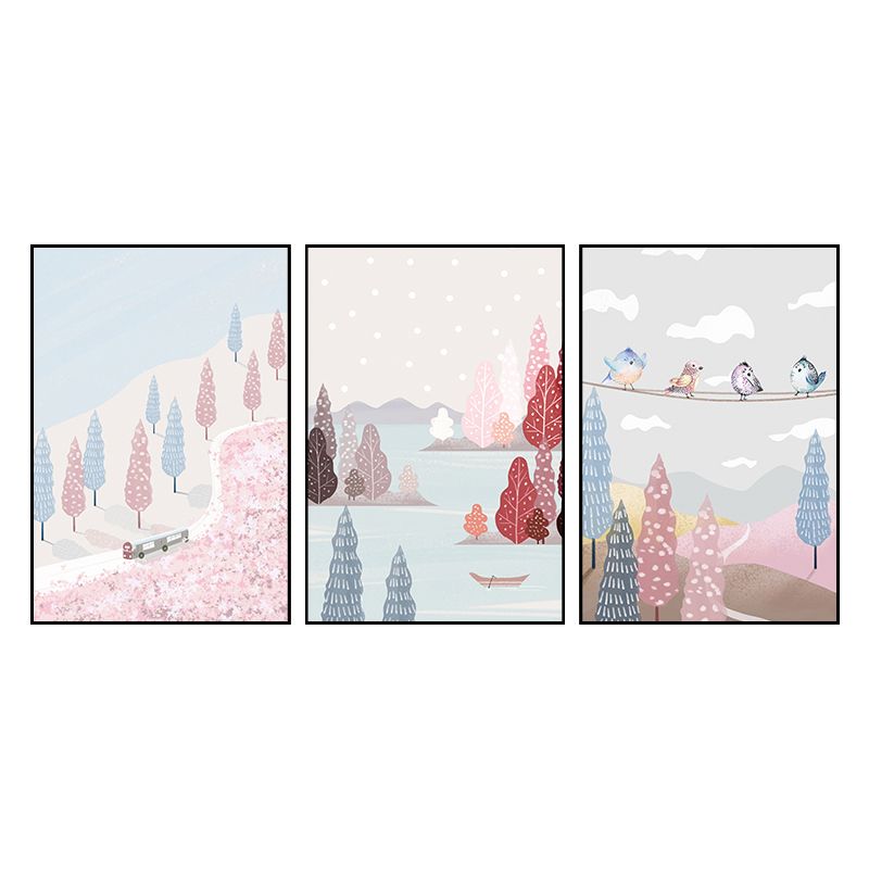 Illustration Park Scenery Wall Art Kids Style Landscape Canvas Print in Pink and Blue