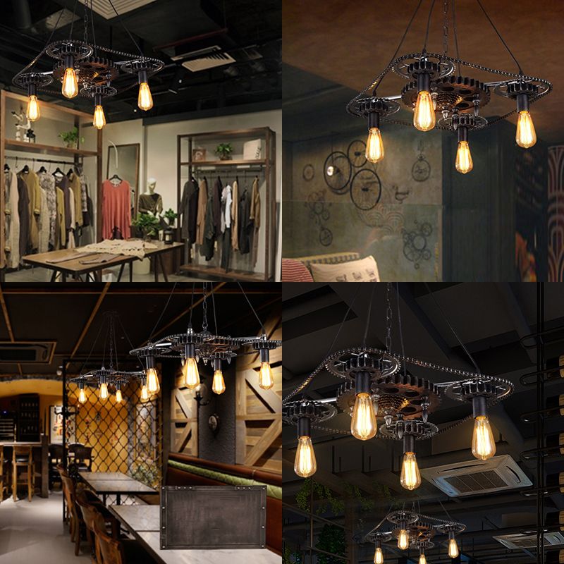 Black Finish 4 Heads Ceiling Fixture Industrial Style Metallic Bare Bulb Pendant Light with Gear Deco