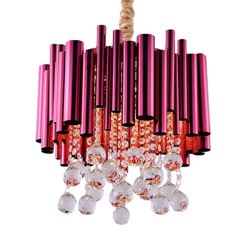 Luminaire de lustre en métal à tube mince moderniste 6 lumières Gold / rose rouge finition pendule lampe avec déco à boule de cristal