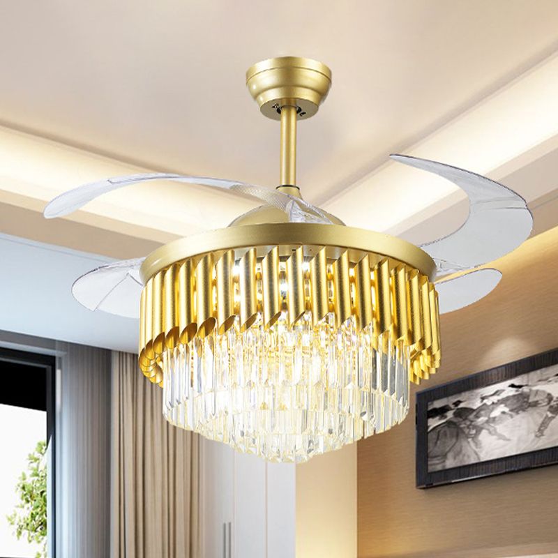 Postmodern Multi-Tier Fan Lighting 3 Blades Crystal LED Semi Flush Ceiling Light in Gold, 19" Wide