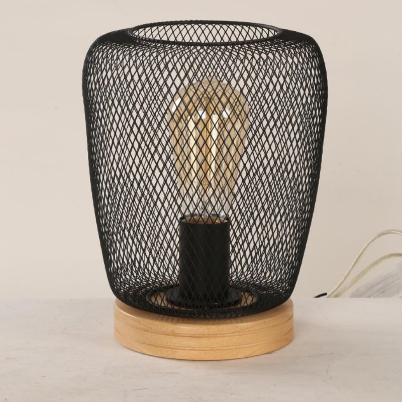 1 Bulb Table Lamp Industrial Stylish Pear/Barrel Shade Metal and Wood Task Lamp with Wire Guard in Black for Bedroom