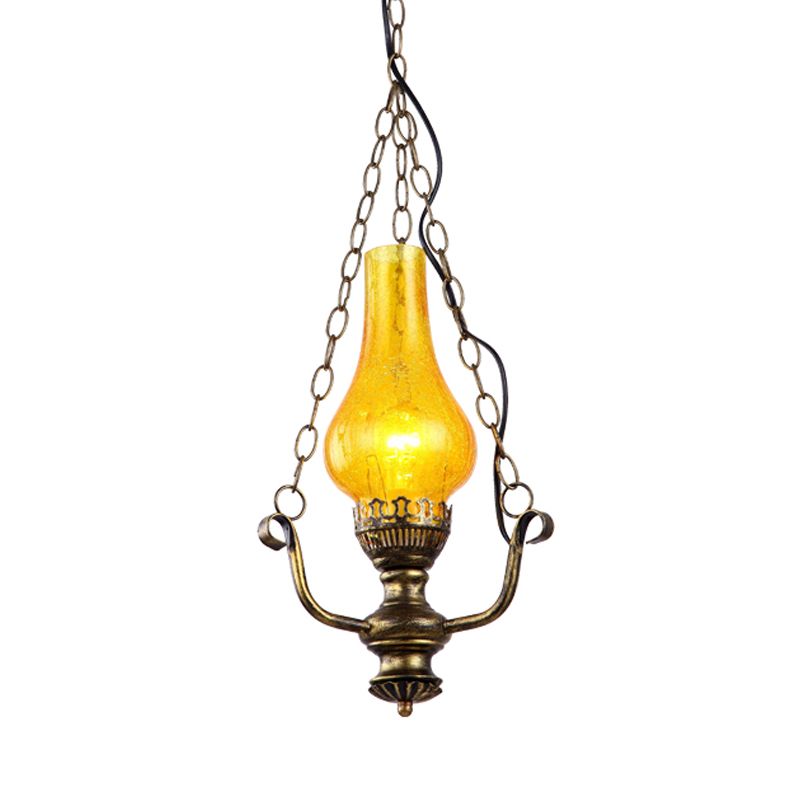 1 Light Vase Shade Pendant Lamp Coastal Brass Finish Yellow Crackle Glass Ceiling Hang Fixture