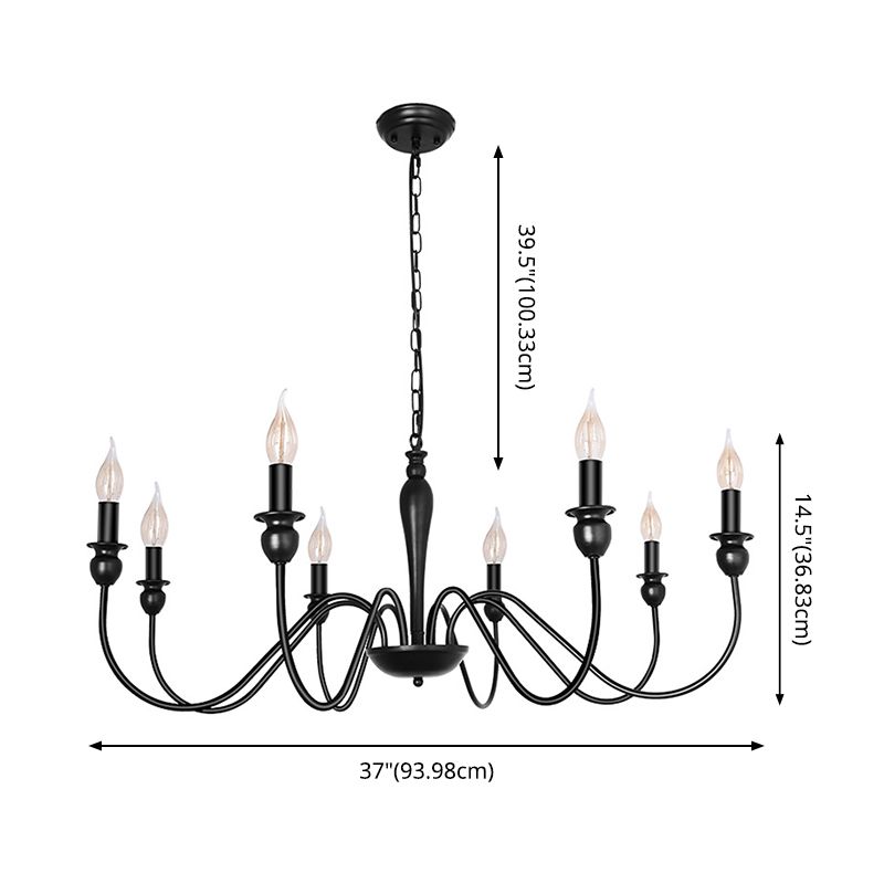 Industrial Metal Swirled Arm Hanging Chandelier Light Black Candle Exposed Bulb Restaurant Drop Lamp