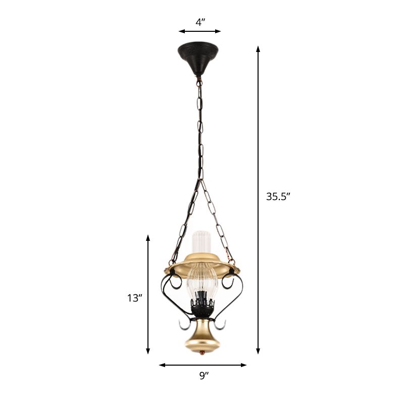 Iron and Glass Lantern Ceiling Pendant Industrial Single Light Bedroom Chain Hung Pendant in Brass