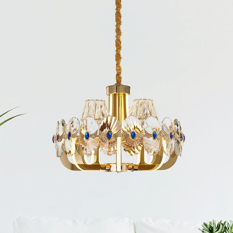 Pannello rotondo Crystal Crystal lampadario modernista 8 lampadine soggiorno Apparecchiatura del soffitto a LED in oro con tonalità cono