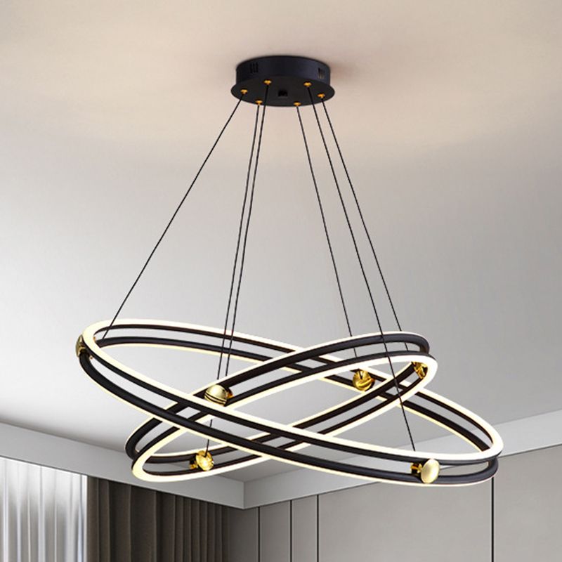 Hollow Ring Shape Hanging Chandelier Light Modern Multi Tiered Black Pendant Lamp with Frosted Silicone Shade