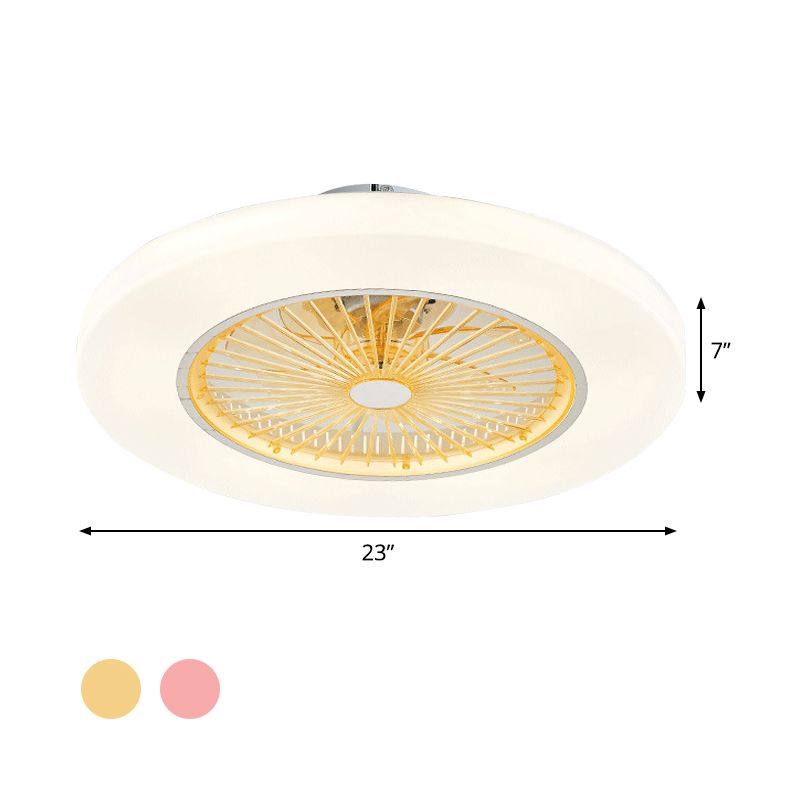 Doughnut Living Room Semi Flushmount Modernist Acrylic Yellow/Pink LED Hanging Ceiling Fan Lighting, 23" Wide