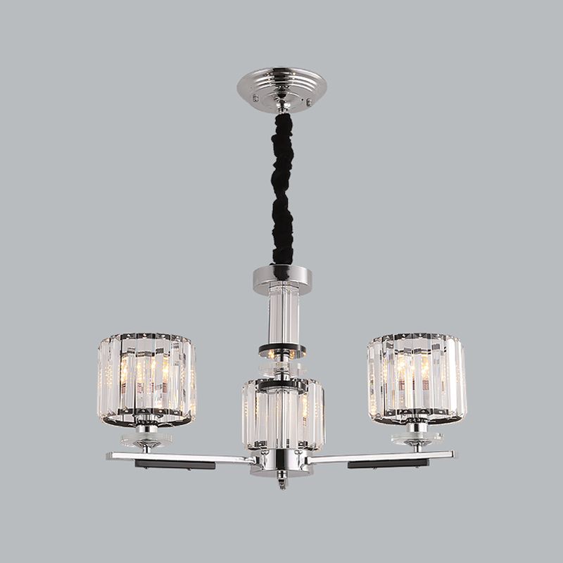 Drum Pendant Chandelier Simple Crystal Block 3/6-Head Black Ceiling Light with Radial Design